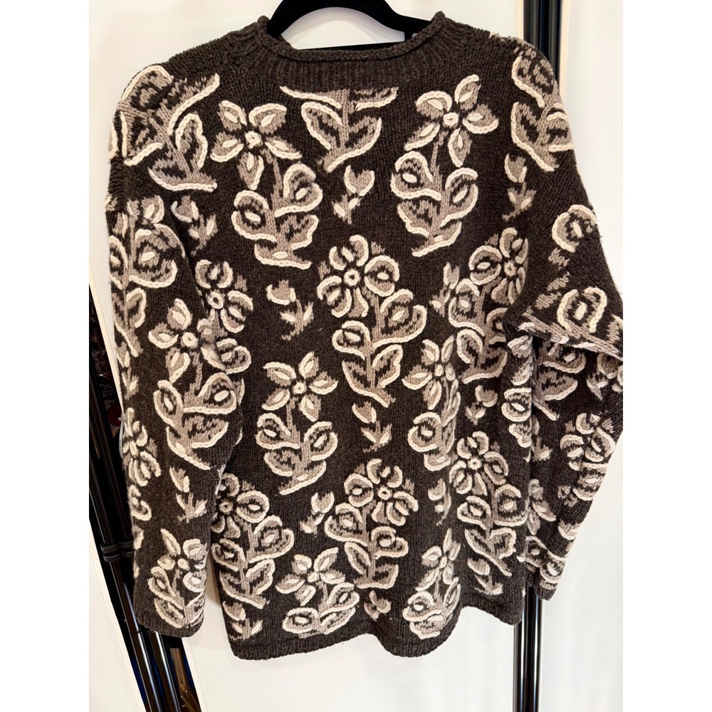Garnet Hill 100% Lambswool Floral Knit Sweater Brown Cream Size M Vintage Style